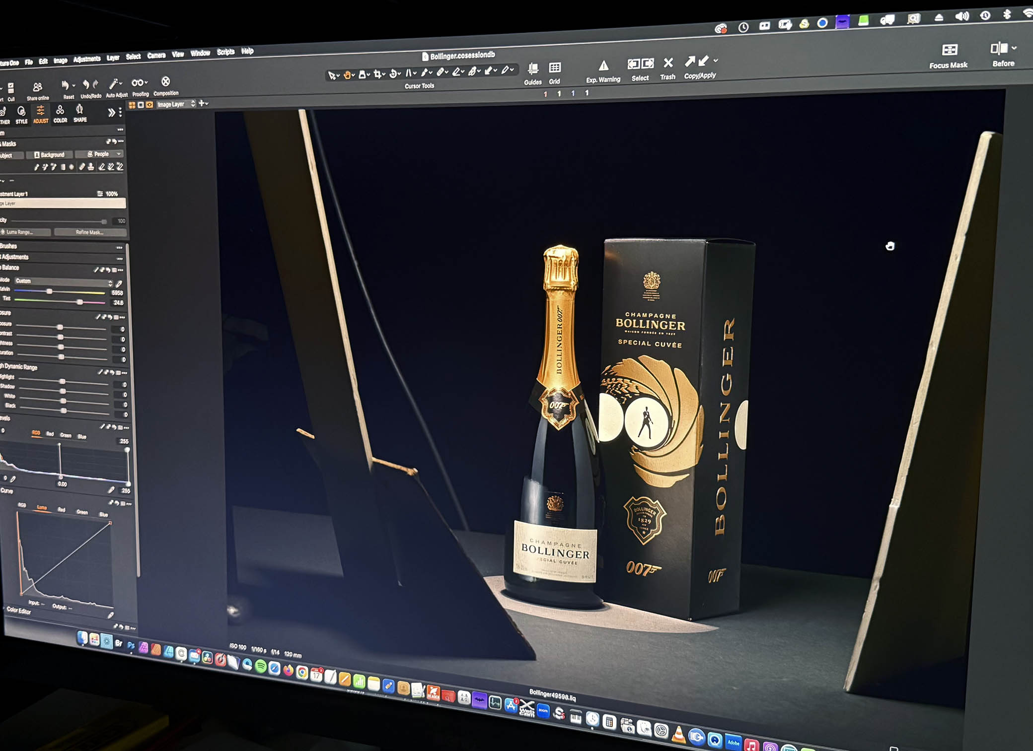 BTS screen view of Bollinger Champagne product photoshoot