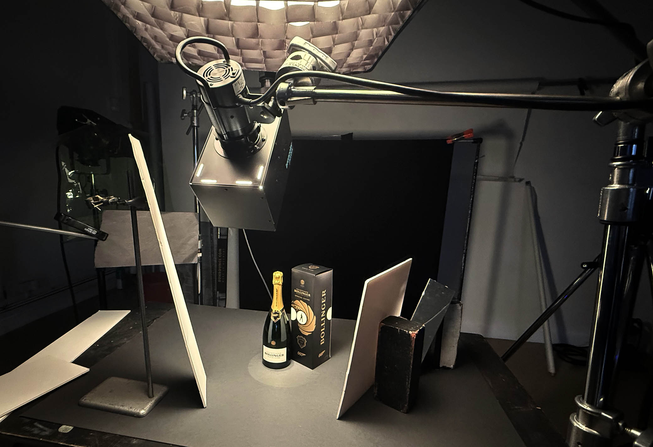 BTS of Bollinger Champagne photoshoot, studio set up and lighting